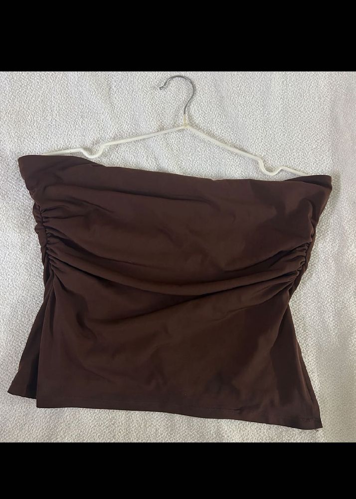 Brown Ruched Strapless Top