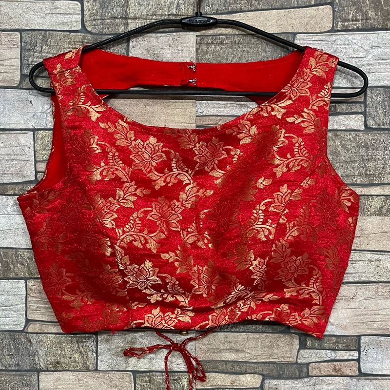 Red Brocade Blouse with Gold Floral Print