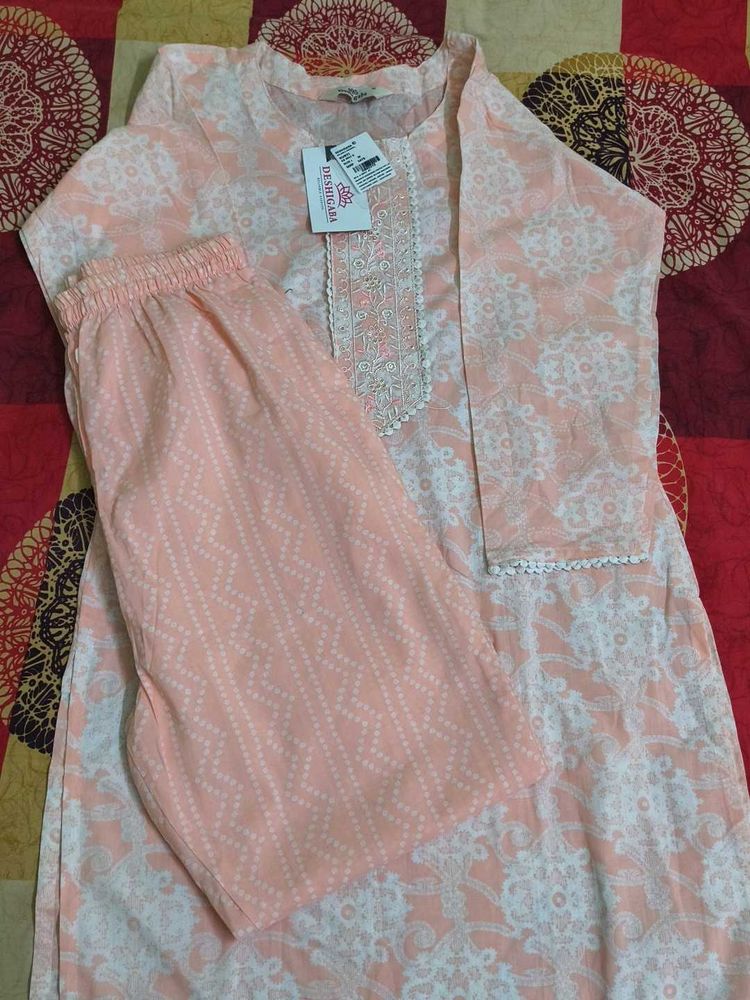 Peach Printed Kurta with Pants Set