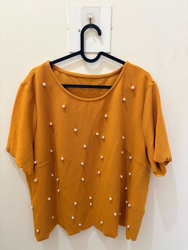 Plus size Mustard Yellow beaded Textured Top