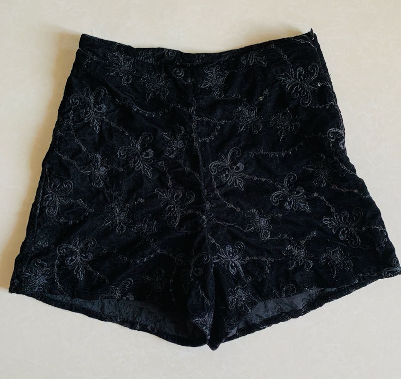 Black Velvet Floral Embroidered Shorts