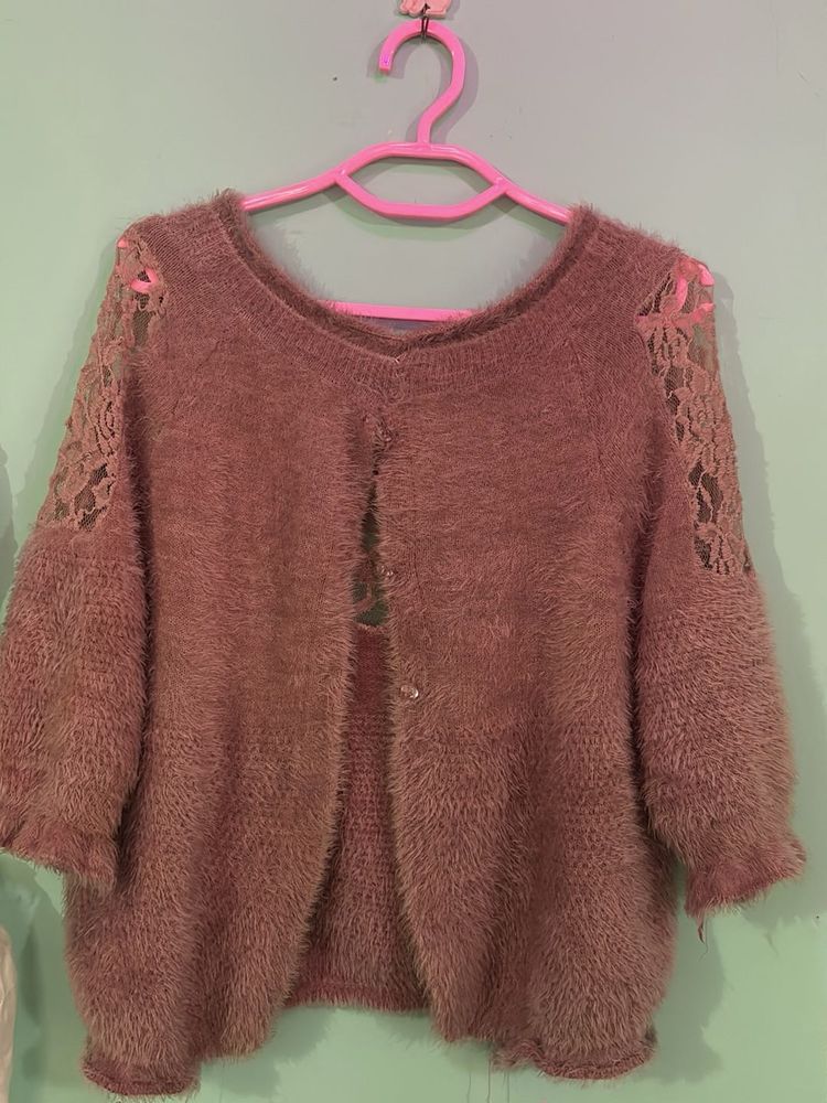 Fuzzy Knit Cardigan w/ Lace Sleeves