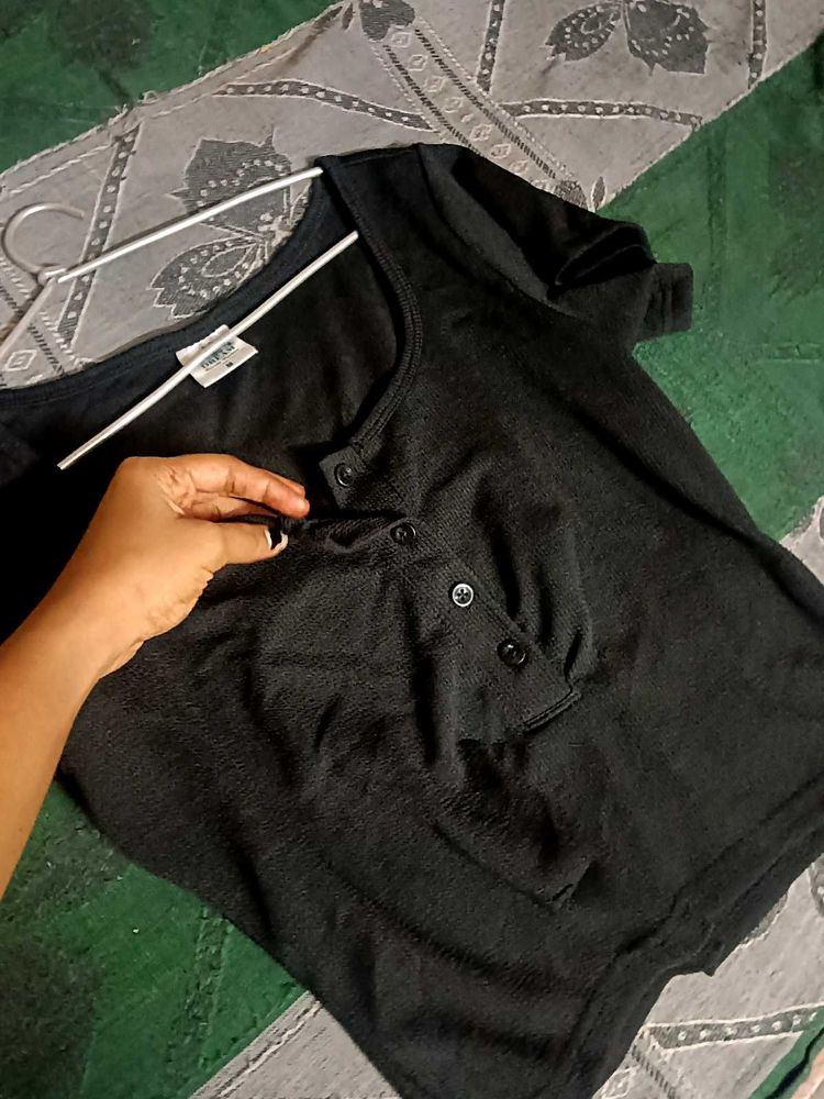 Black Henley Button-Up Top