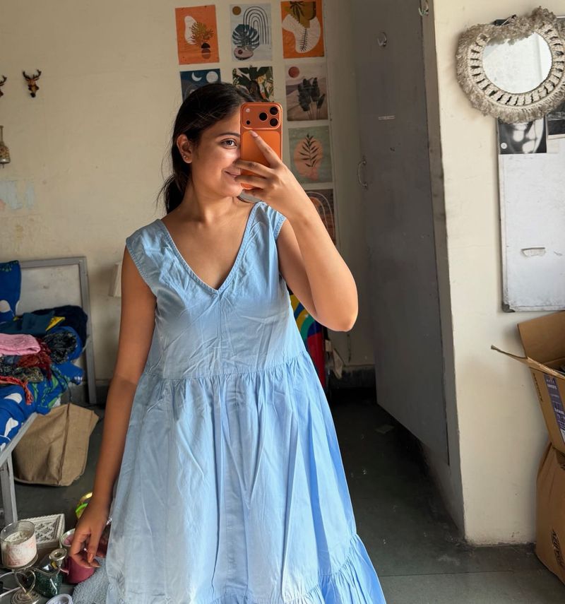 Light Blue V-Neck Tiered Dress