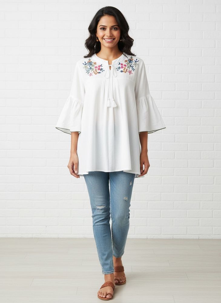 White Embroidered Bell Sleeve Top