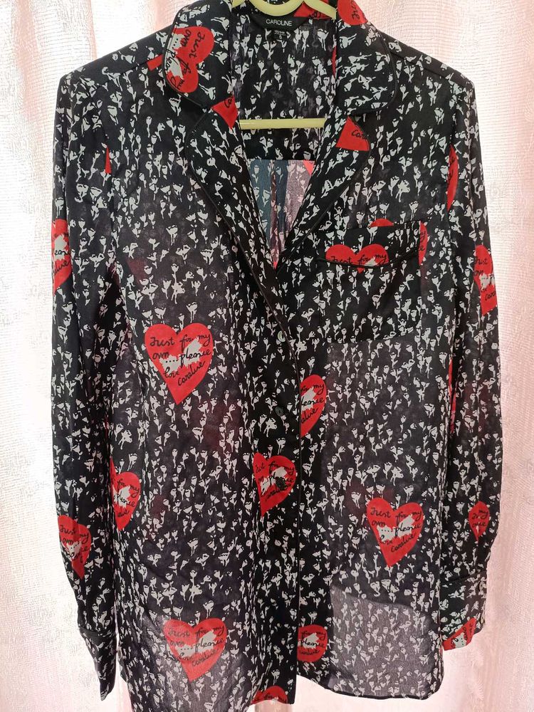 Chic Heart Print Button-Down Shirt