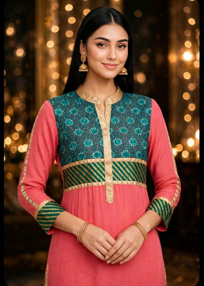 Beautiful Pink Kurti with Teal Embellishment