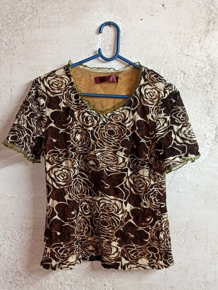 Brown Floral Print Top Layered Multicolored