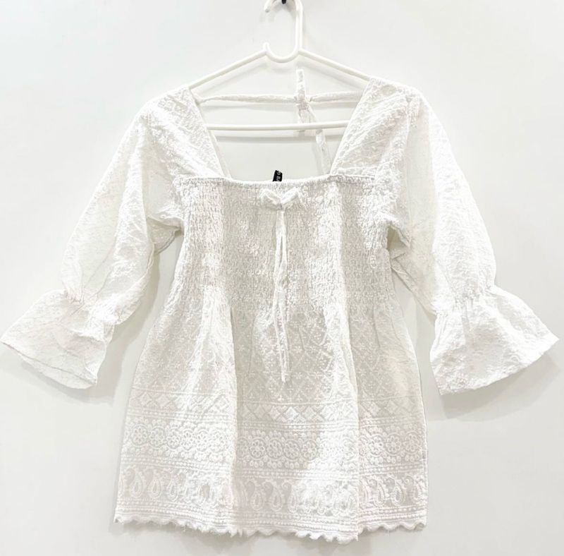 White Smocked Embroidered Top