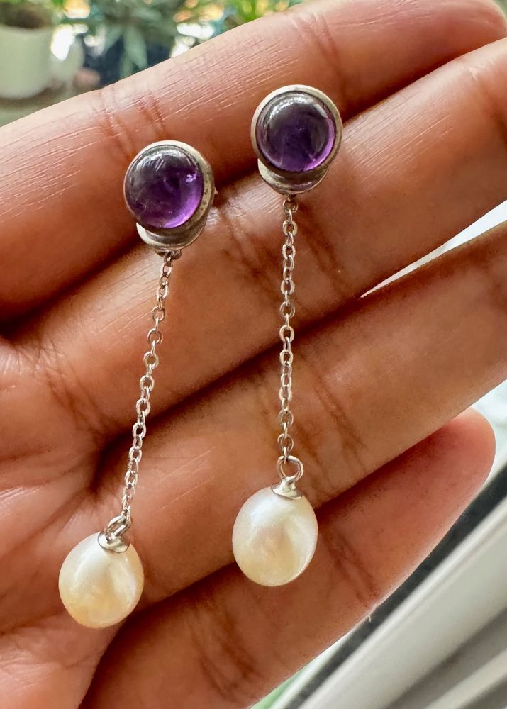 Amethyst &amp; Pearl 92.5 Silver Earrings