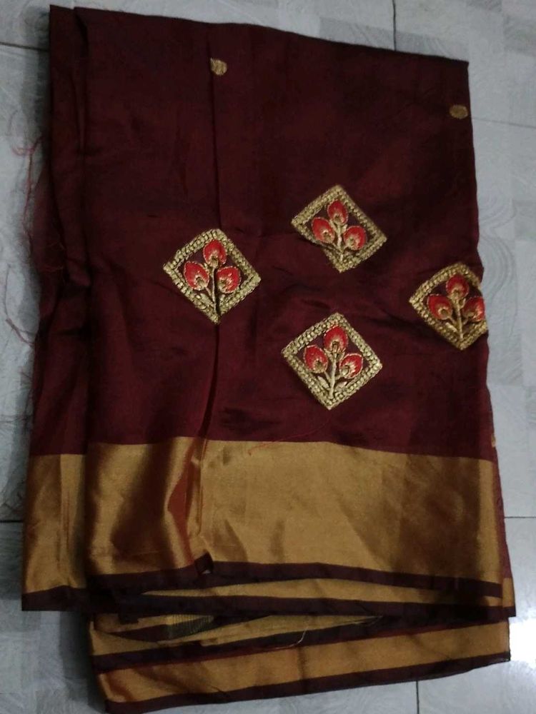 Maroon Embroidered Silk Saree