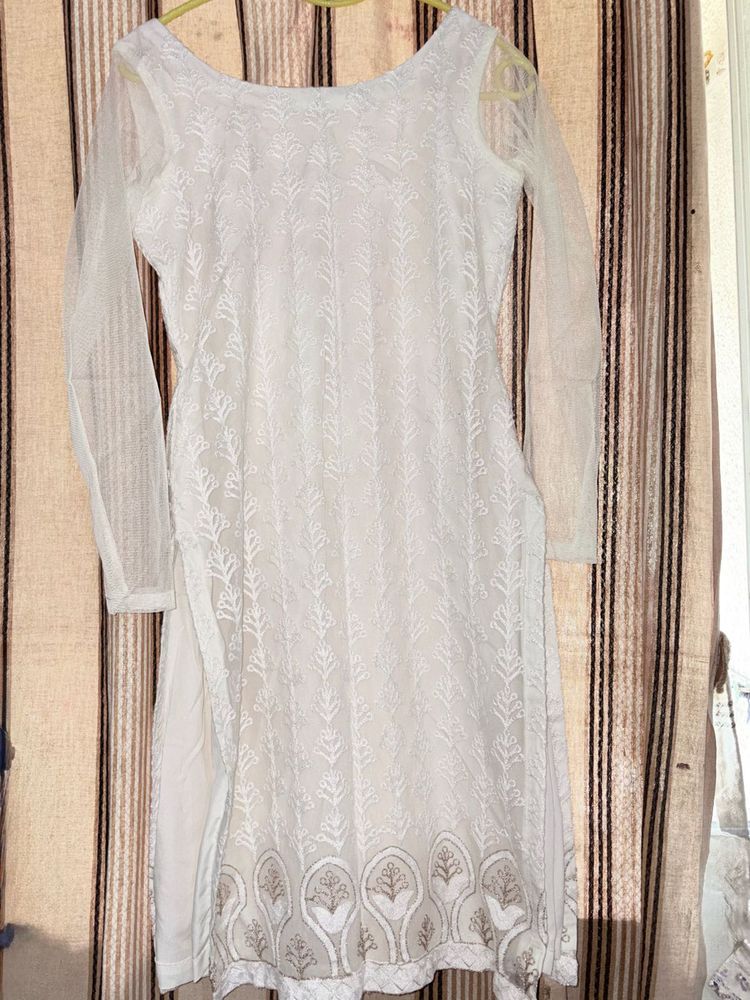 Elegant White Chikankari Kurta with golden embelli