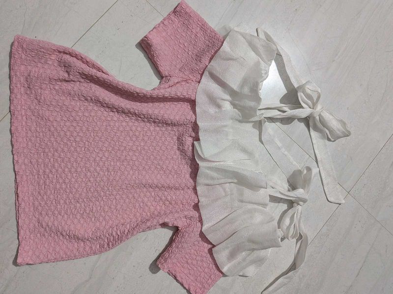 Pink Seersucker Blouse with White Ruffle