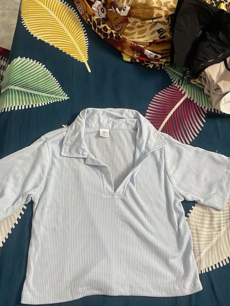 Light Blue Ribbed Collared Top