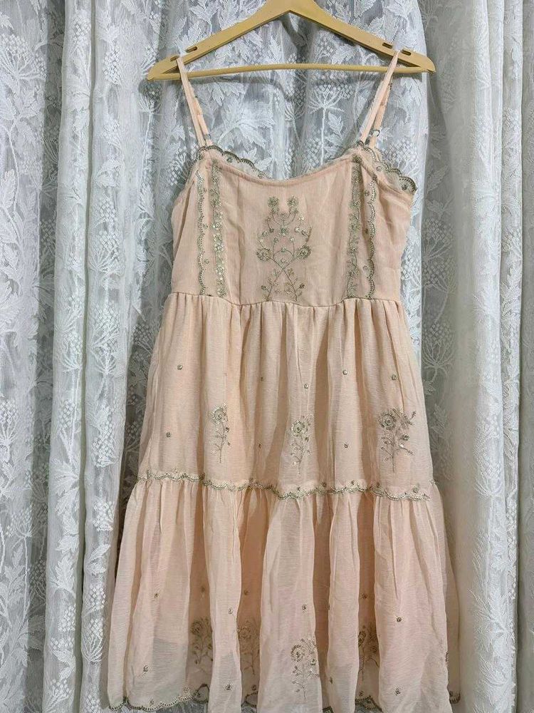 Yousta Light Pink Embellished Tiered Dress