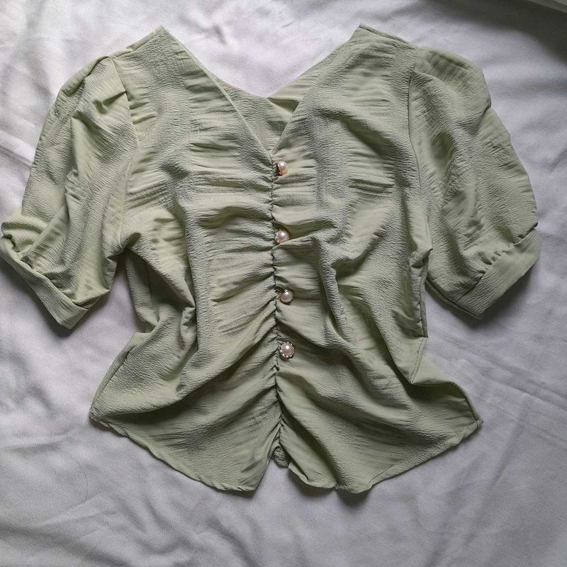 Pretty Pastel Green Formal V Neck Korean Top