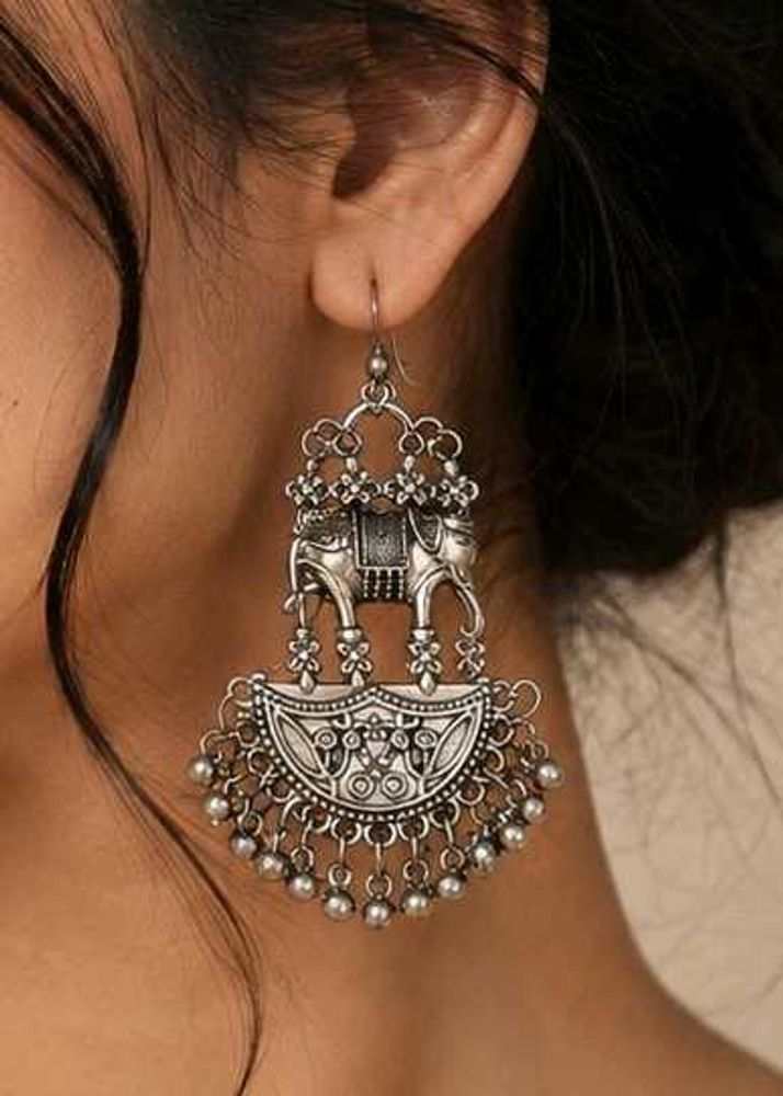 Elephant Design Oxidized Jhumka Earrings