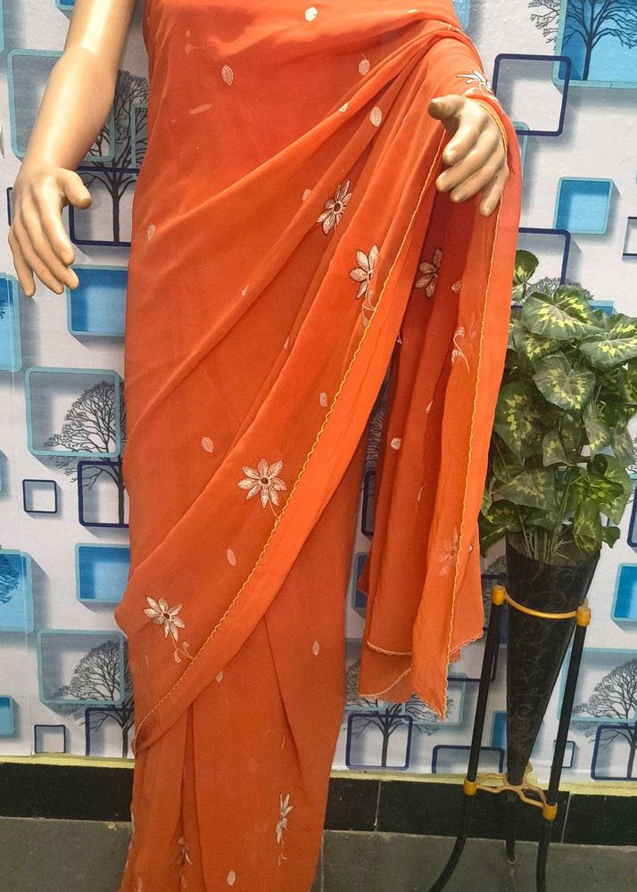 Elegant Orange Embroidered Saree Old Stock