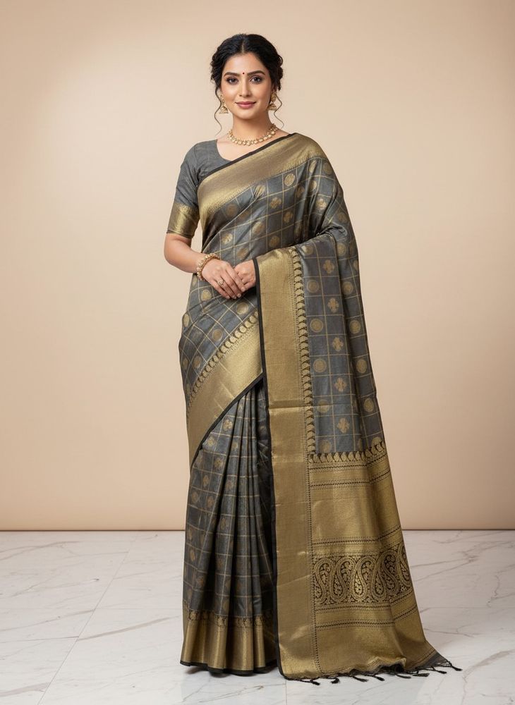 Elegant Grey &amp; Gold Saree