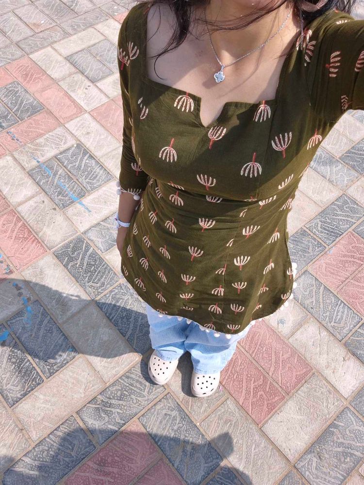 Olive Green Printed Padded short kurti