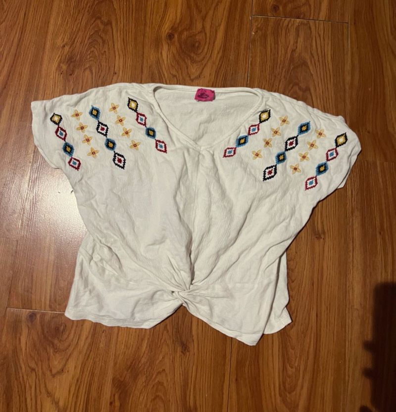 Embroidered Twist Front Top