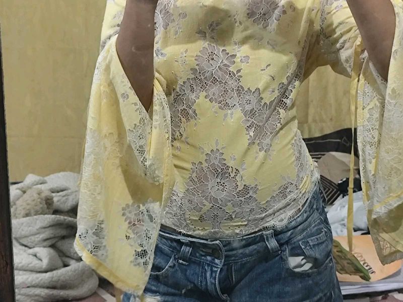 Yellow Lace Bell Sleeve Top