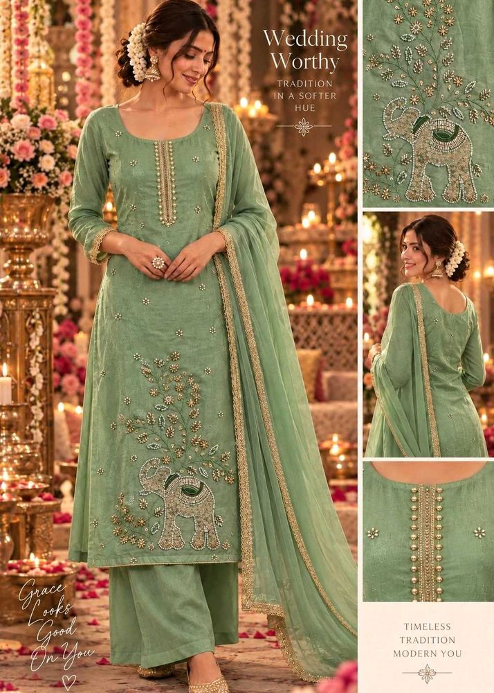 (NEW) Elegant Mint Green Motif embroided dress mat