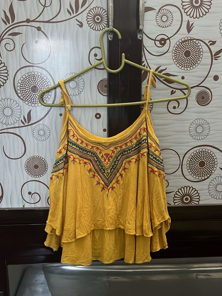 Stylish Yellow Embroidered Cold Shoulder Top