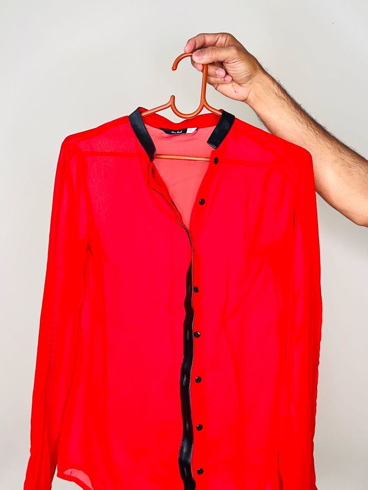 Red Sheer Button-Down Top