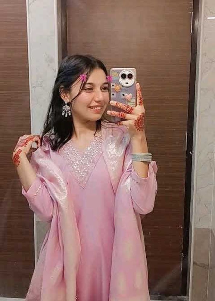 Pink Kurta Set with Embellished Neckline
