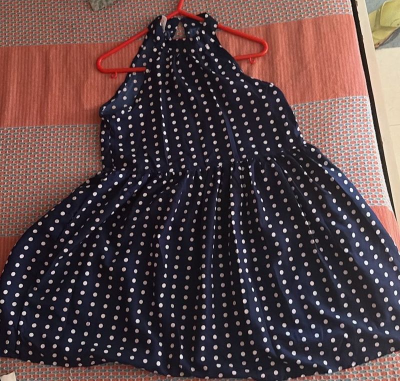 Chic Navy Polka Dot Halter Dress