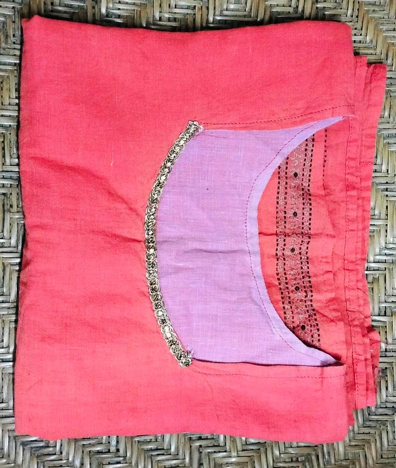 Coral Kurta Set with Embellished Neckline