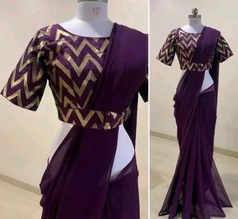 Elegant Purple Saree with Golden Zigzag Blouse
