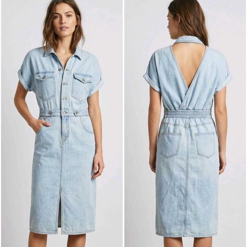 Light Wash Denim Button-Up Midi Dress
