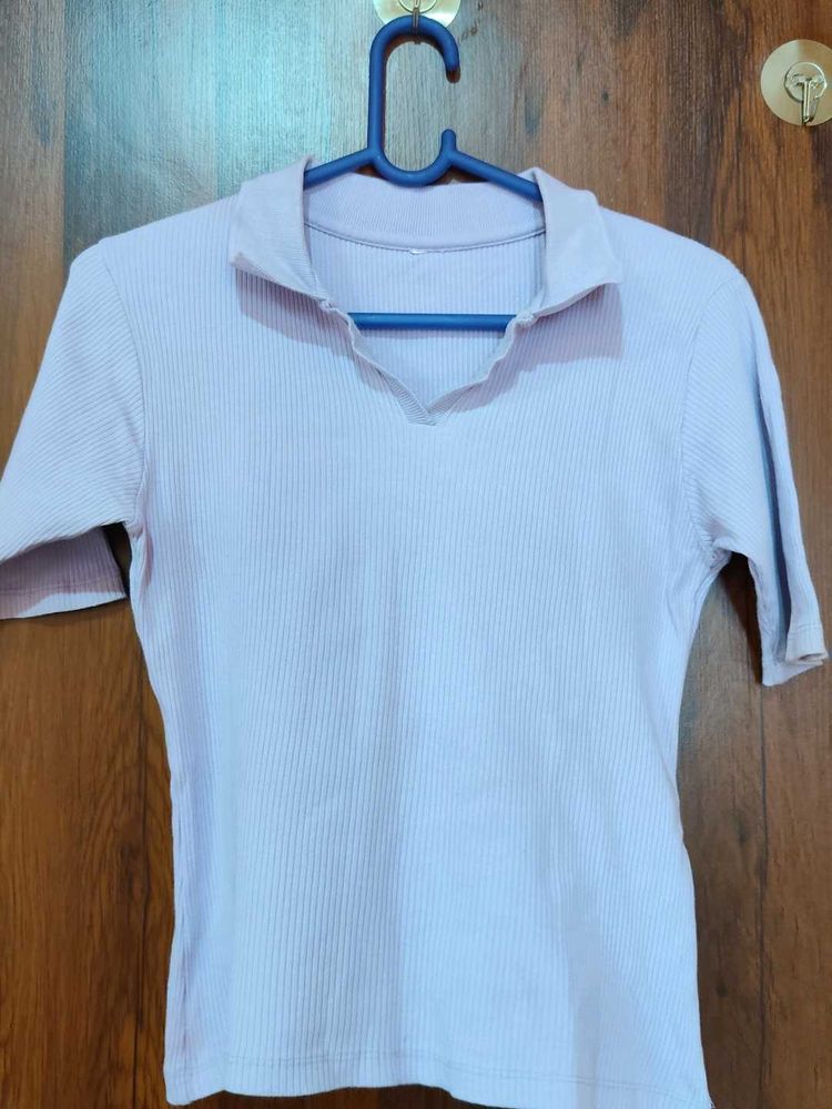 Ribbed Collared Short Sleeve Top
