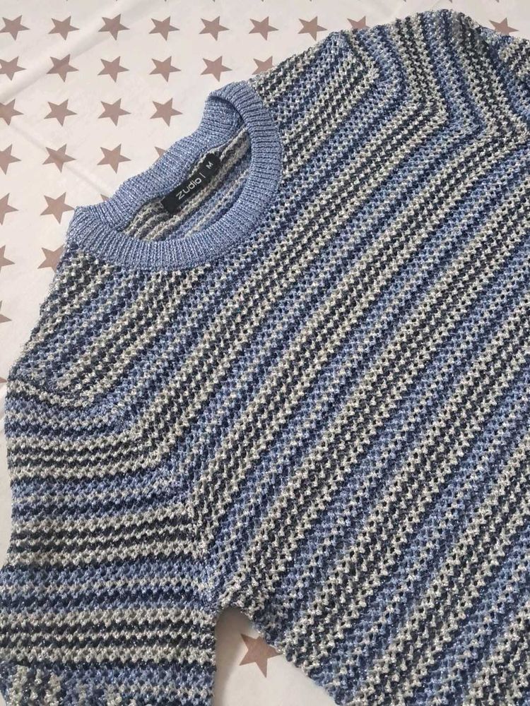 Blue Striped Crochet Sweater