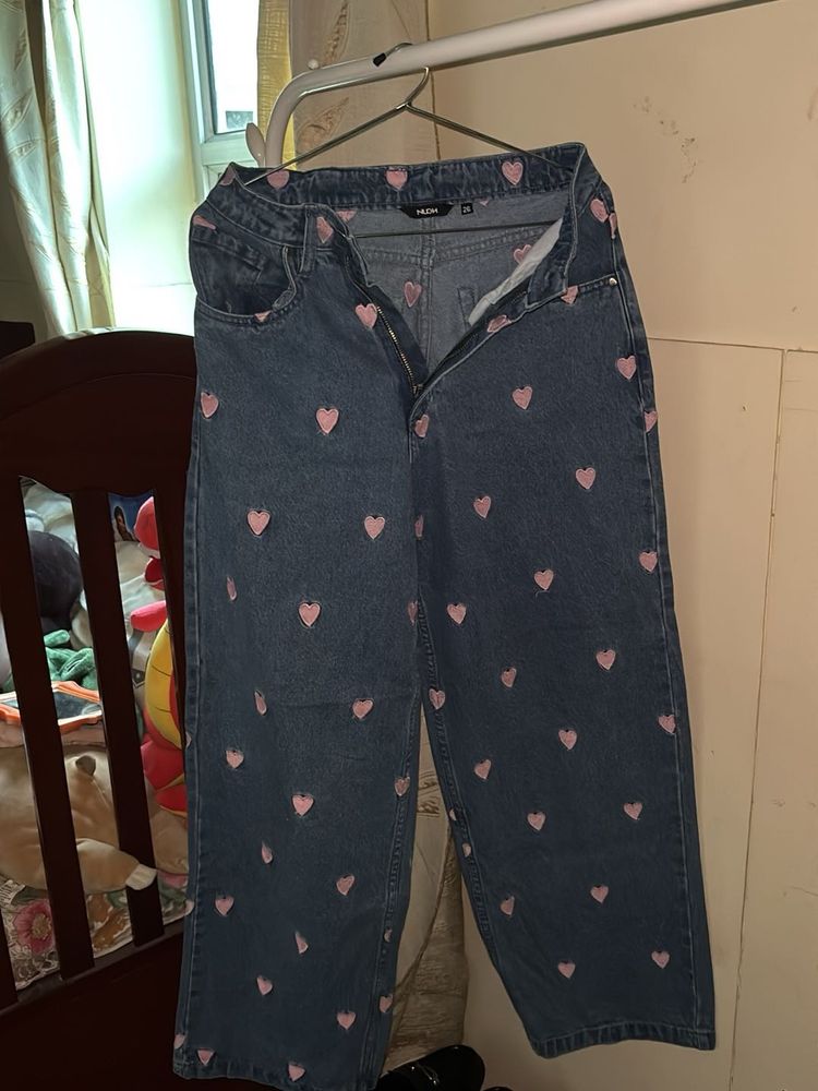 Cute Heart Print Wide Leg Jeans
