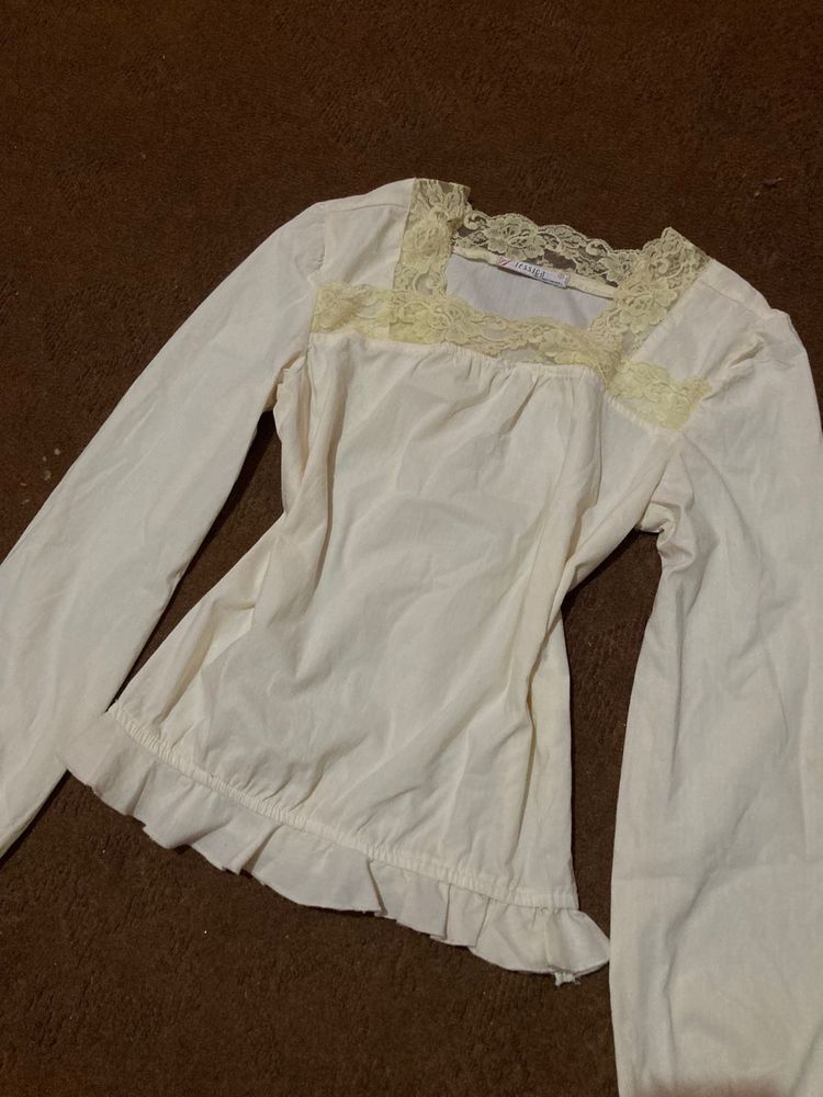 Cream Lace Trim Long Sleeve Top