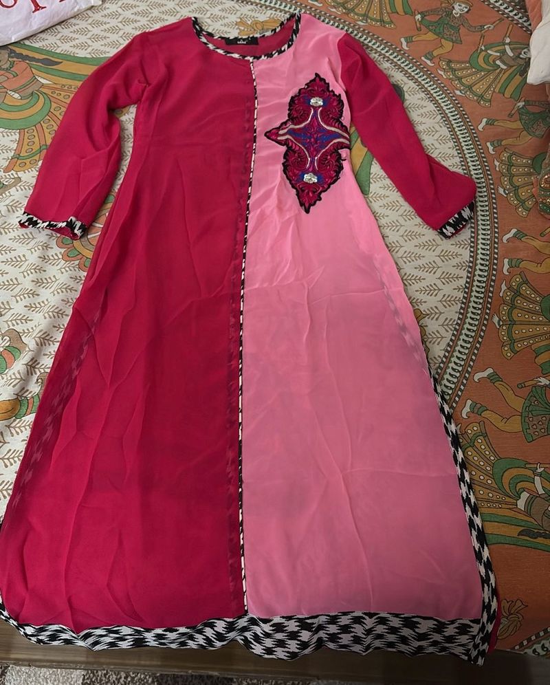 Pink &amp; Red Colorblock Kurta