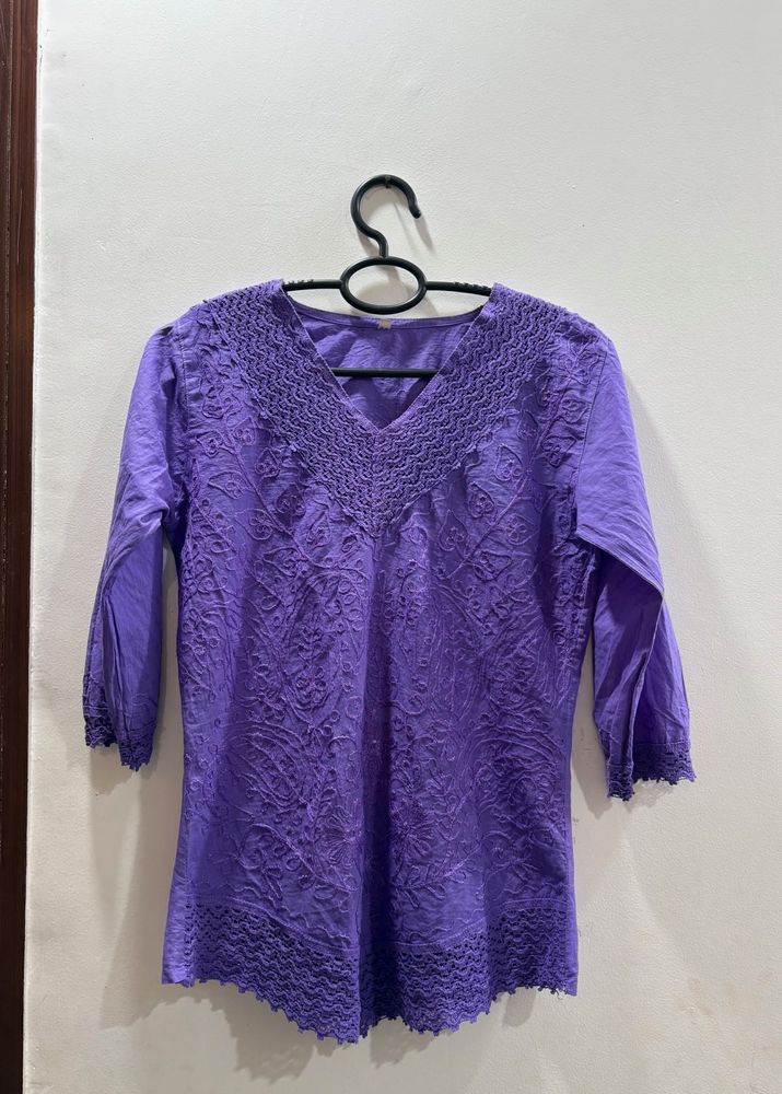 Purple Embroidered Cotton Kurti Top