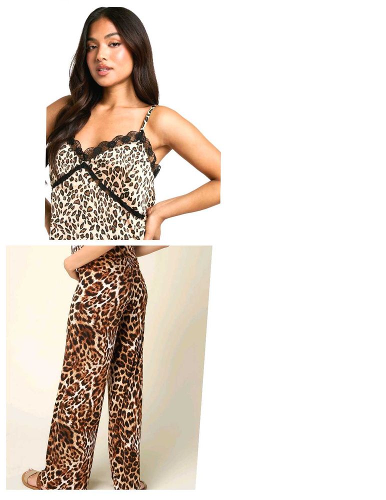Leopard Print Lace Trim Top&amp; Pillazo Pants Set