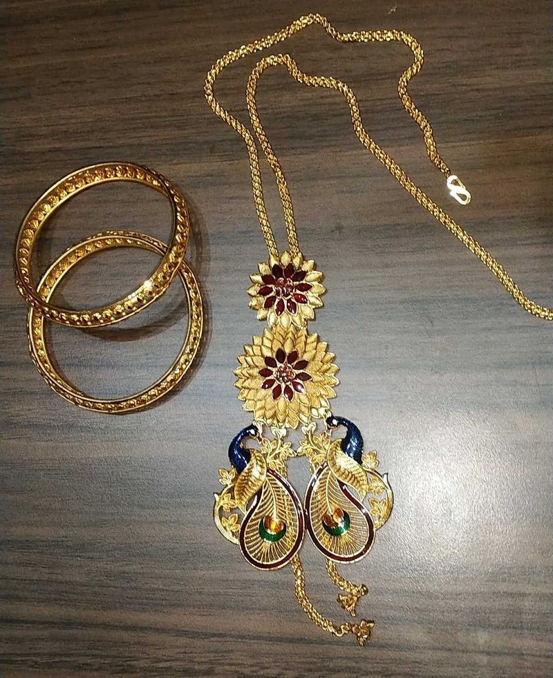Gold Plated Peacock Necklace &amp; Bangles Set