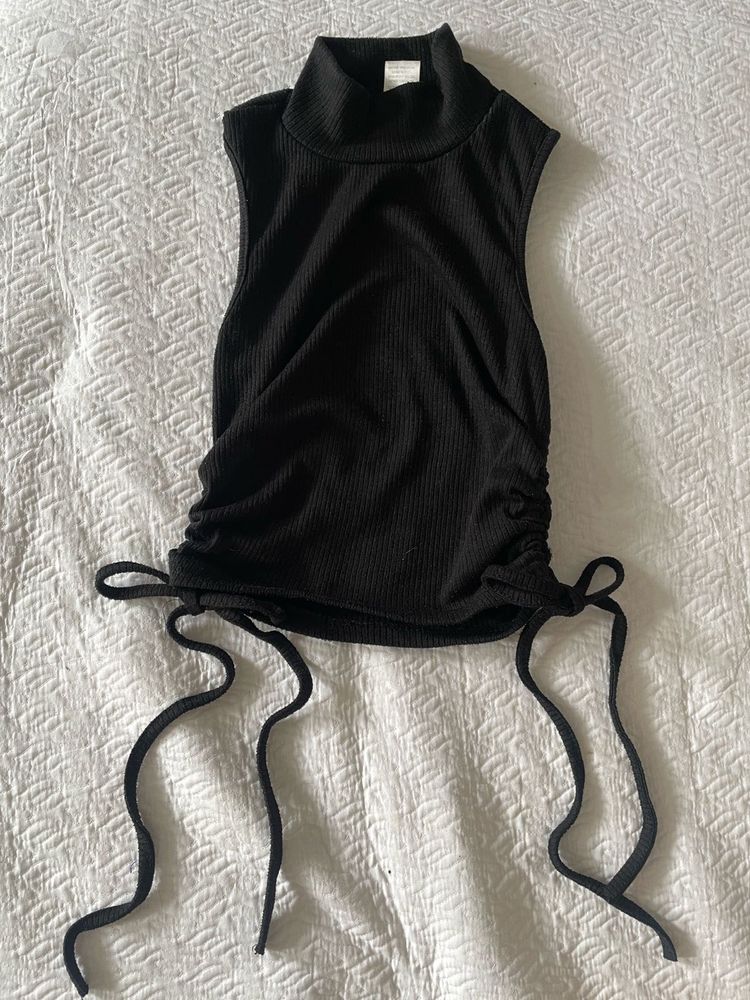 Black Ribbed Mock Neck Ruched Tank Top