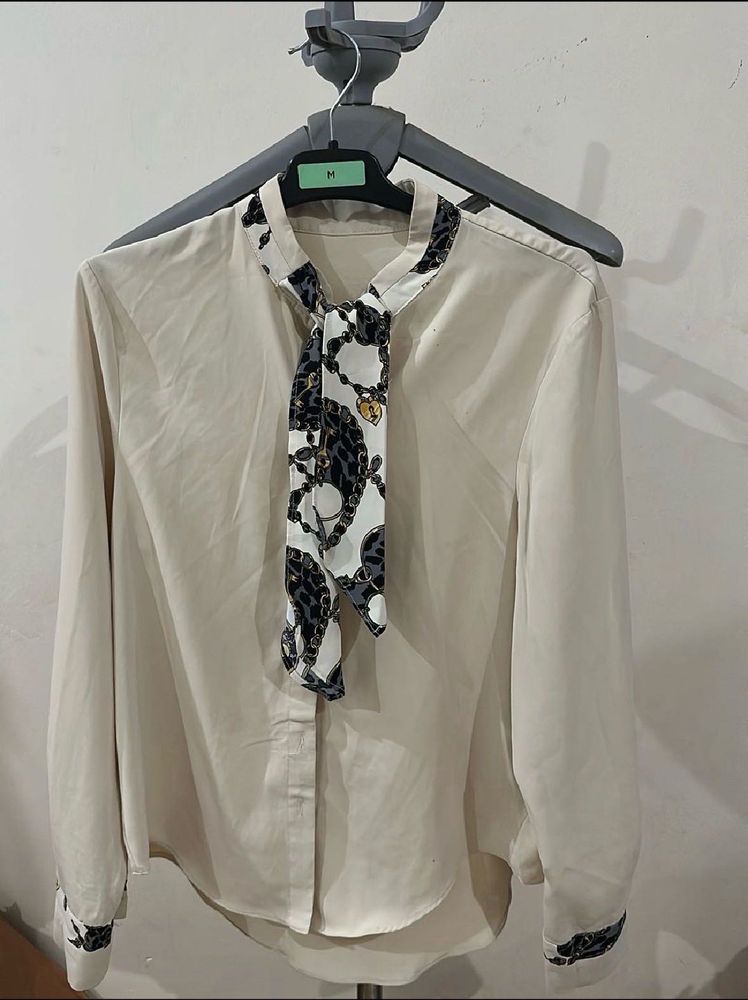 Chic Cream Blouse with Scarf Tie