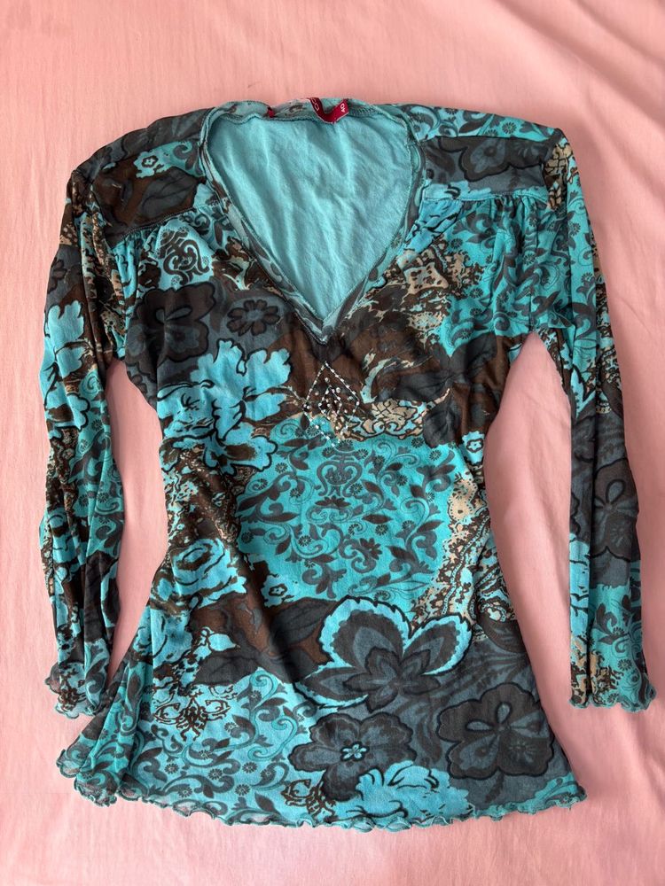 Bohemian y2k Floral Print V-Neck Top