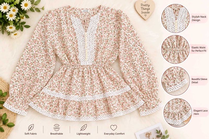 Floral Print Peplum Top with Lace Trim