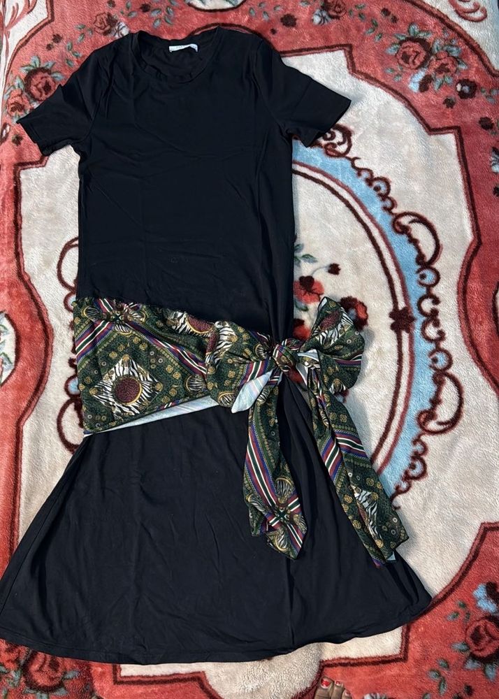 Chic Black Dress with Scarf Detail