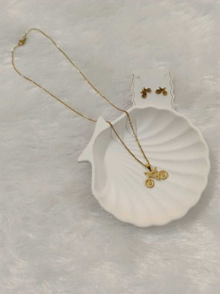 Gold Bike Necklace &amp; Earrings Set