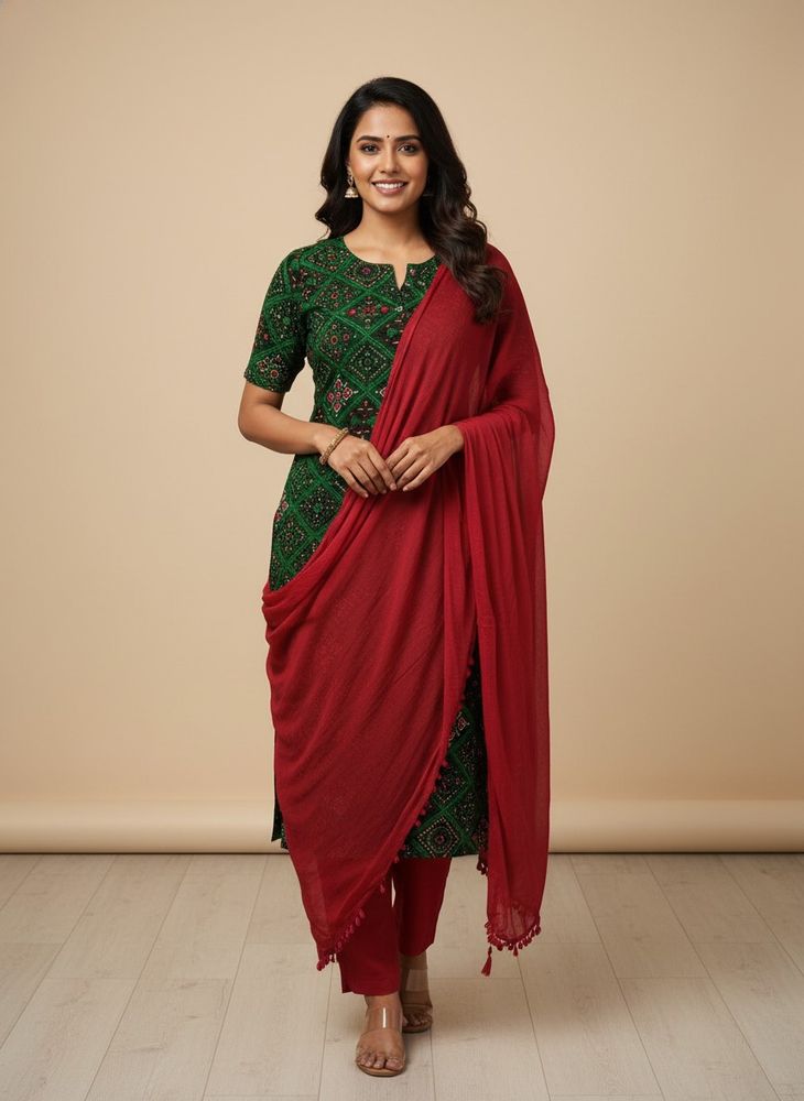 Green Printed Kurta Set with Red Dupatta &amp; Pants