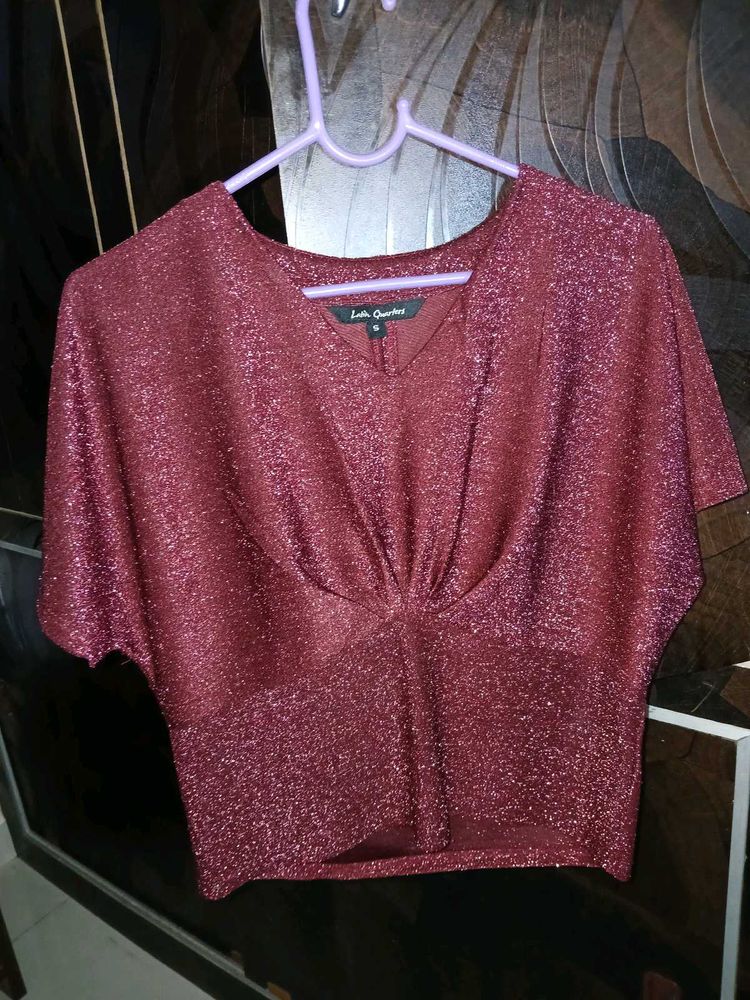 Metallic Maroon Shimmer V-Neck Top